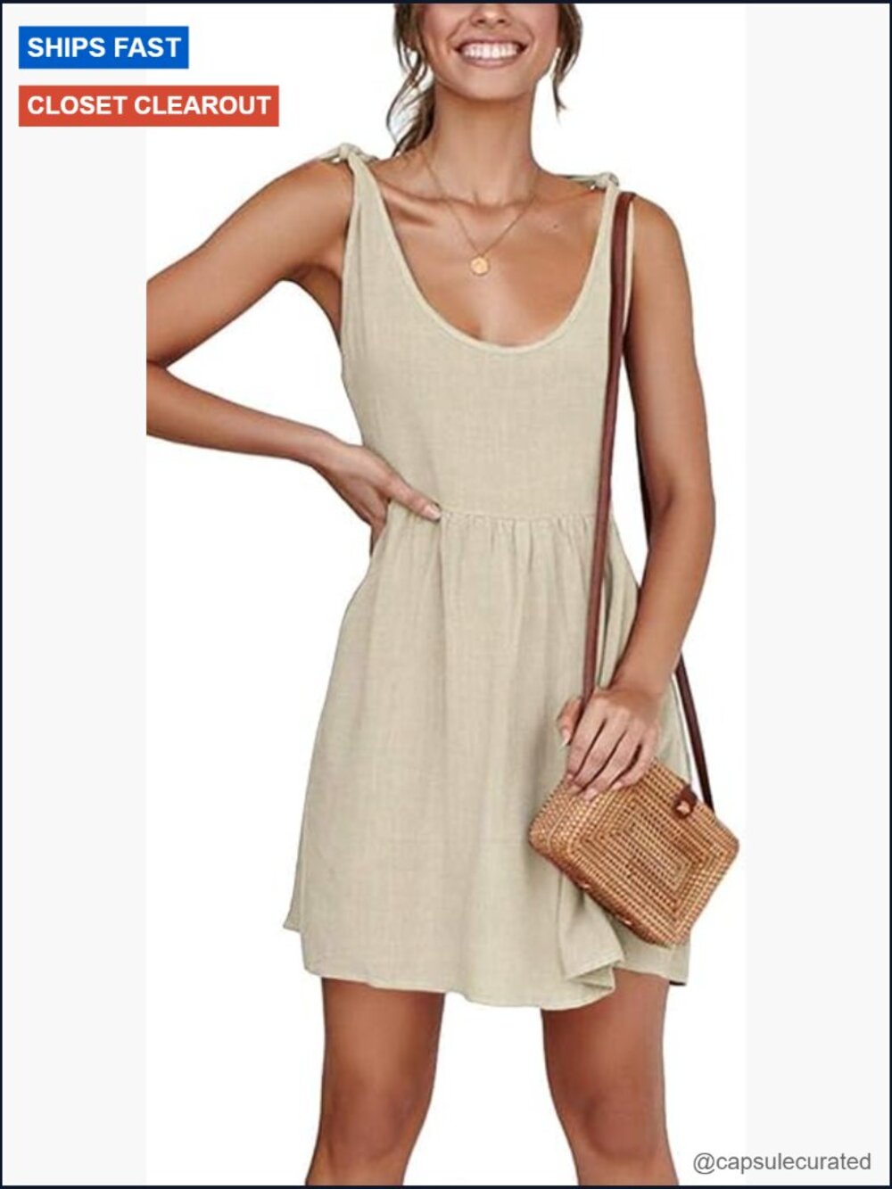 Sleeveless Scoop Neck Babydoll Dress with Tie Shoulder Straps